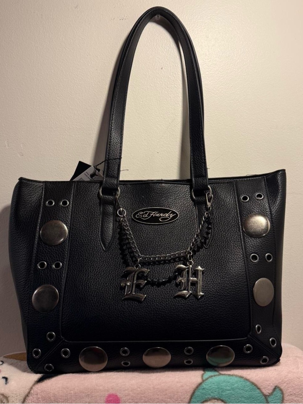Ed Hardy tote gothic charms large black NWT
